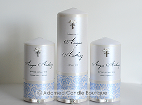 French Blue Set of 3 Christening Candles 